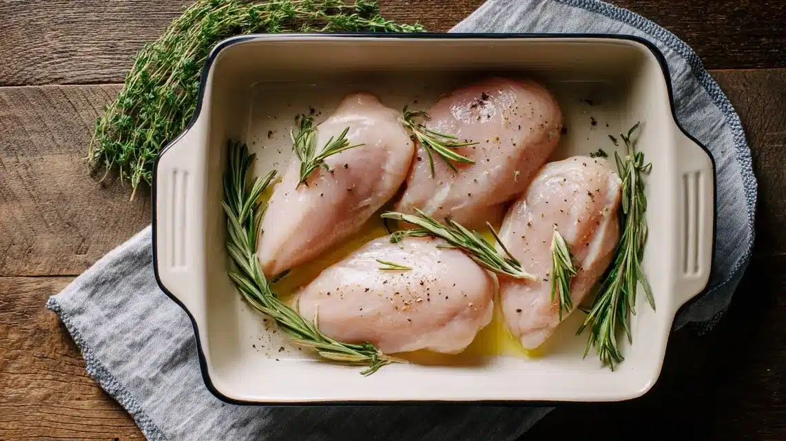 baked pesto chicken prep with greased dish