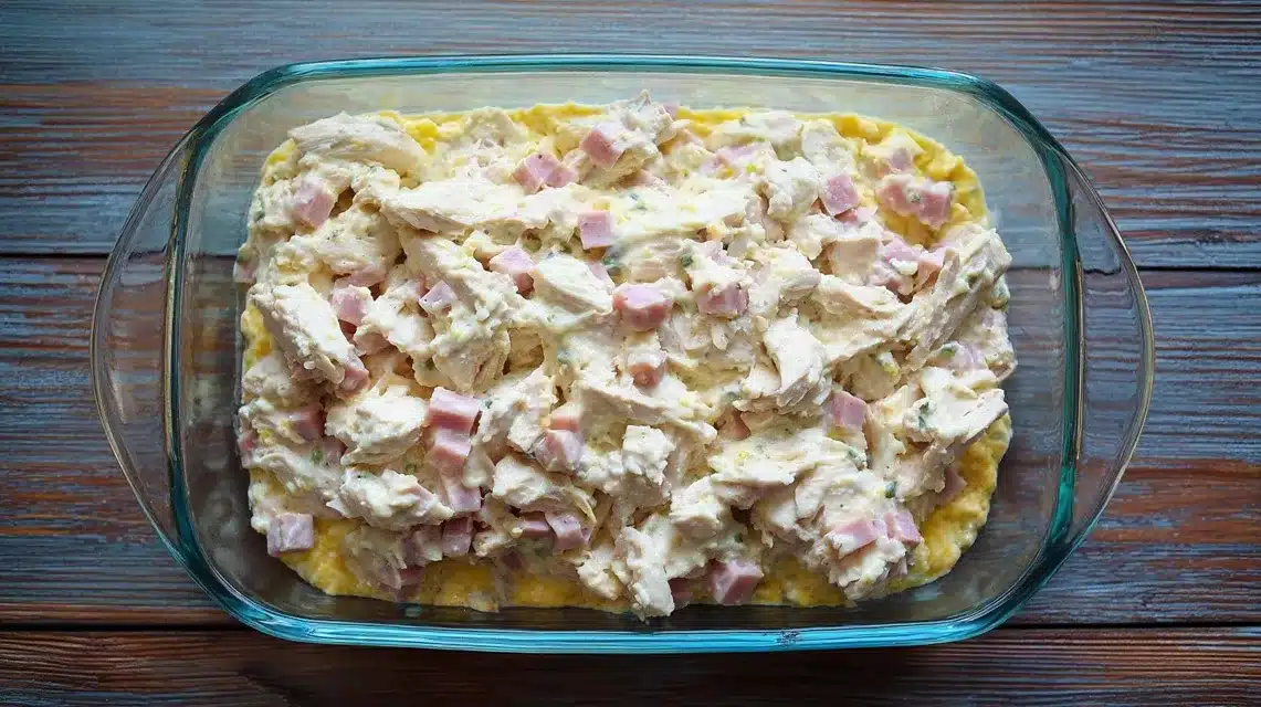 Layering ham over cooked chicken for chicken cordon bleu casserole