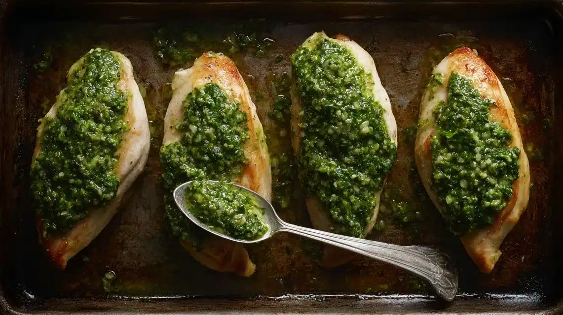 adding pesto to baked pesto chicken