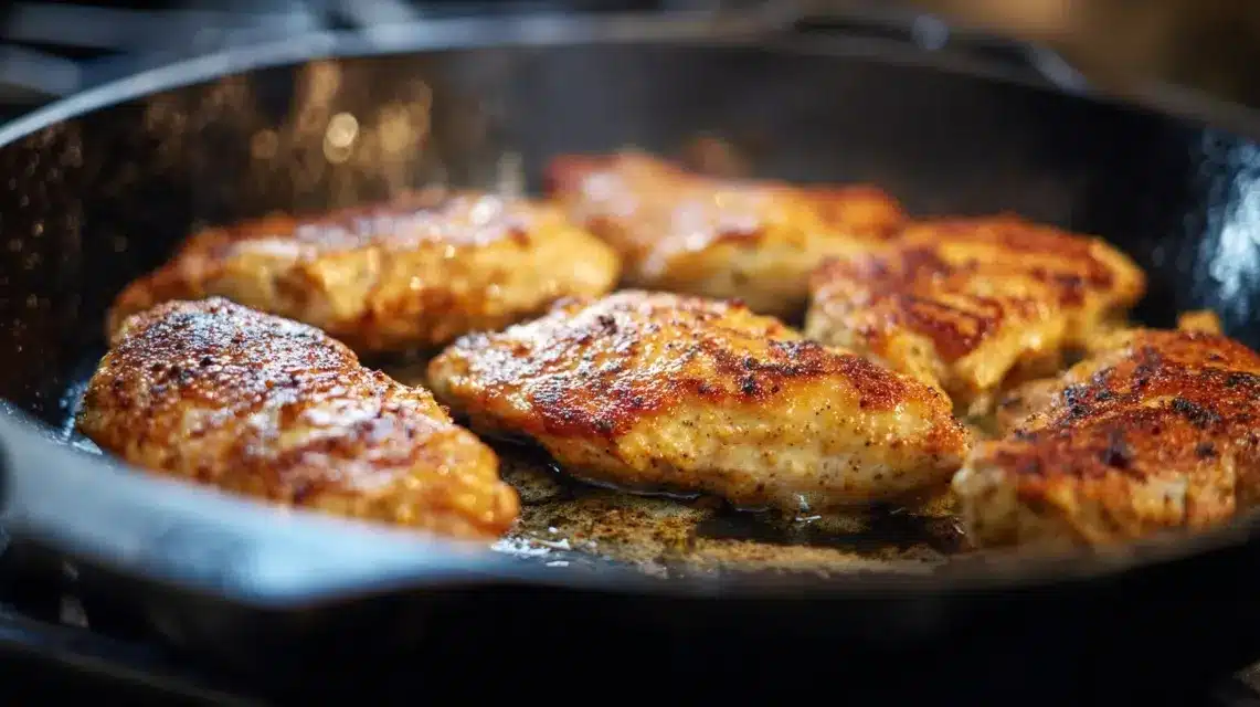 Chicken searing in a hot skillet