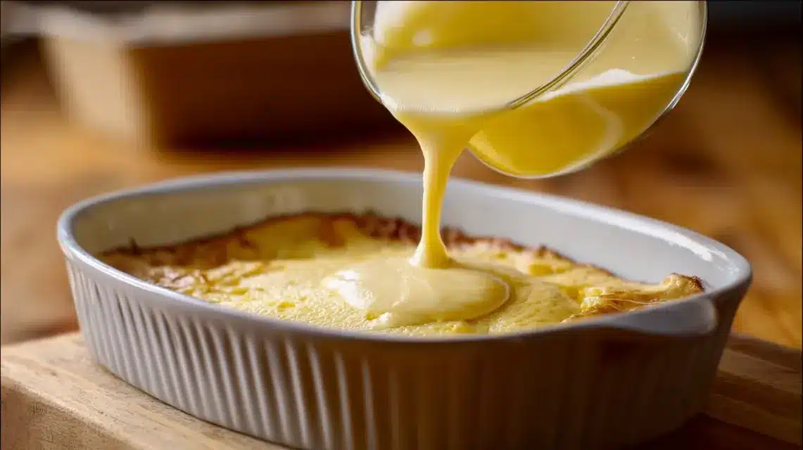 Pouring mustard cream sauce for chicken cordon bleu casserole