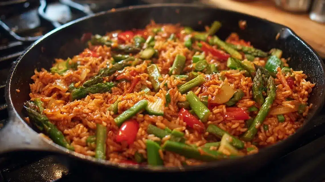 Mixing vegetables into cooked chicken