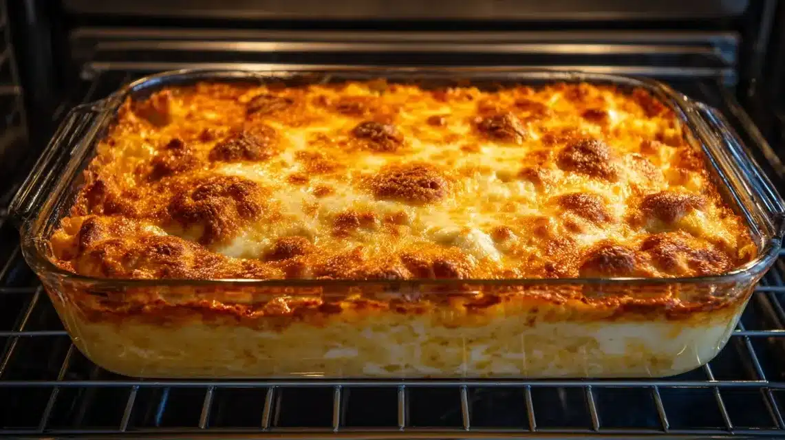 Chicken cordon bleu casserole served on a rustic plate