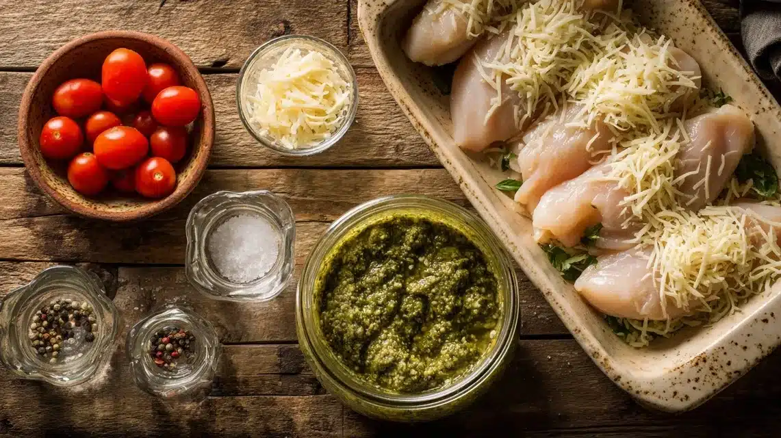 Ingredients for baked pesto chicken laid out on wooden kitchen counter