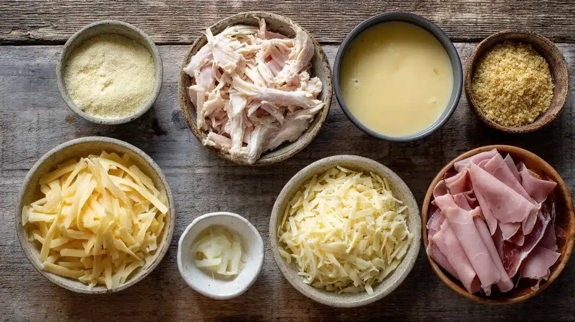  Chicken cordon bleu casserole ingredients laid out in bowls