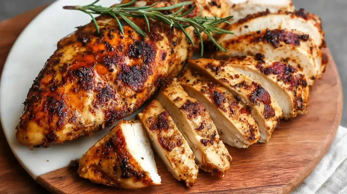 Smoked chicken breast recipe served hot and sliced on wooden board