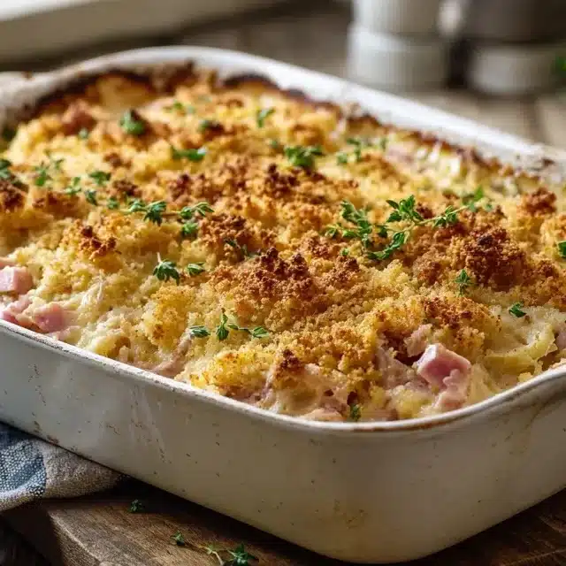 Chicken cordon bleu casserole served on a rustic farmhouse table