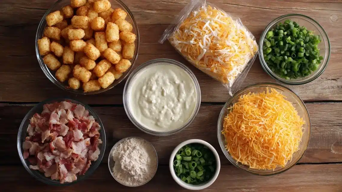  Ingredients laid out for chicken bacon ranch tater tot casserole