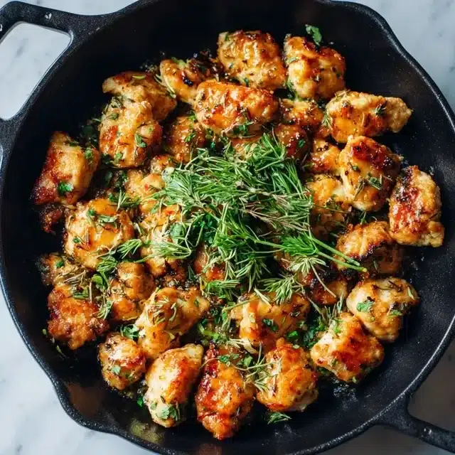 Diced chicken breast recipes served in cast iron skillet with herbs