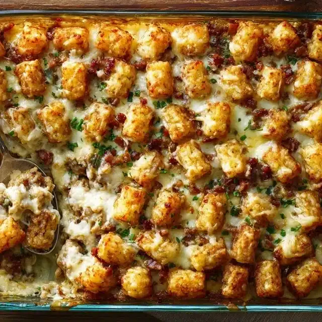 Chicken bacon ranch tater tot casserole baked with golden tater tots and melted cheese