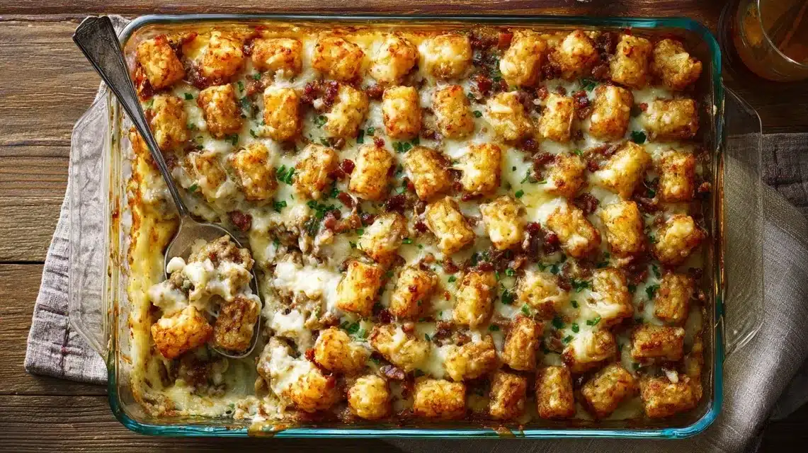 Chicken bacon ranch tater tot casserole baked with golden tater tots and melted cheese