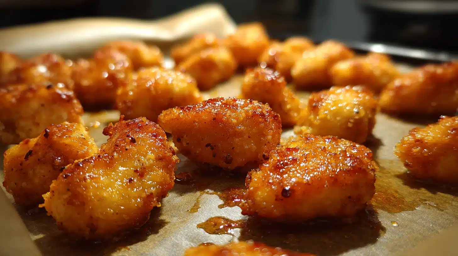 Baked chicken bites on tray fresh from oven