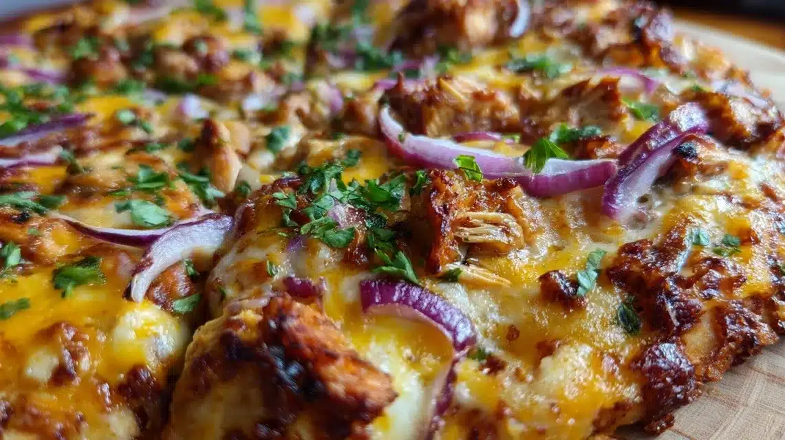 BBQ chicken crust pizza with cheddar and onion