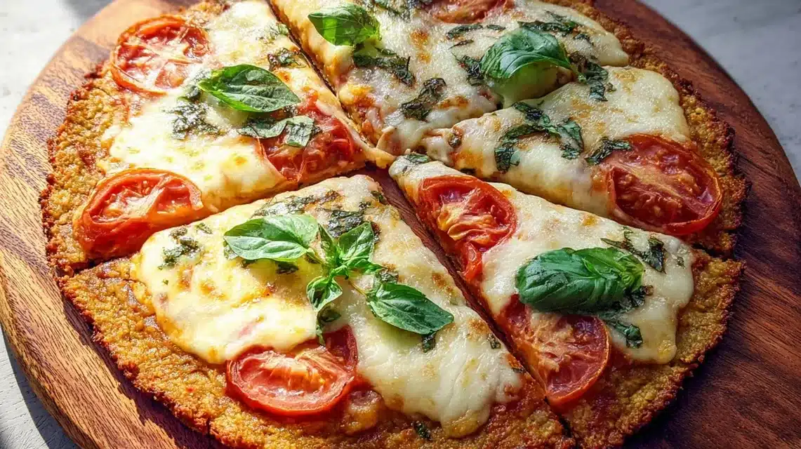 Chicken crust pizza with fresh basil and mozzarella