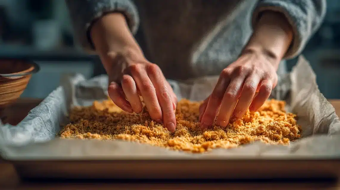 Preparing chicken crust pizza on parchment paper