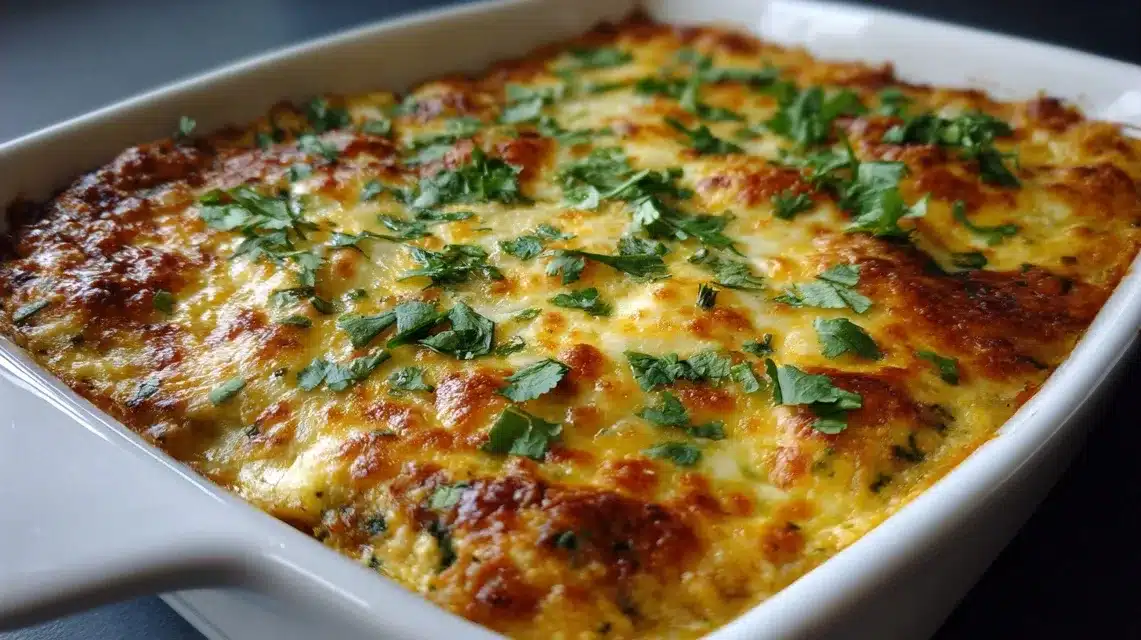 Green chili chicken enchilada casserole fresh out of oven