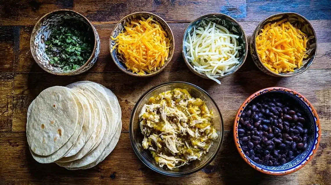 Ingredients for green chili chicken enchilada casserole