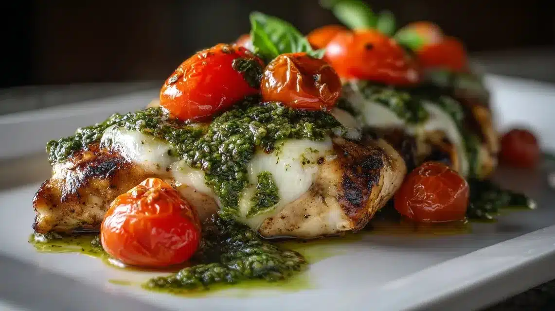 Grilled chicken Margherita Olive Garden style served on white plate