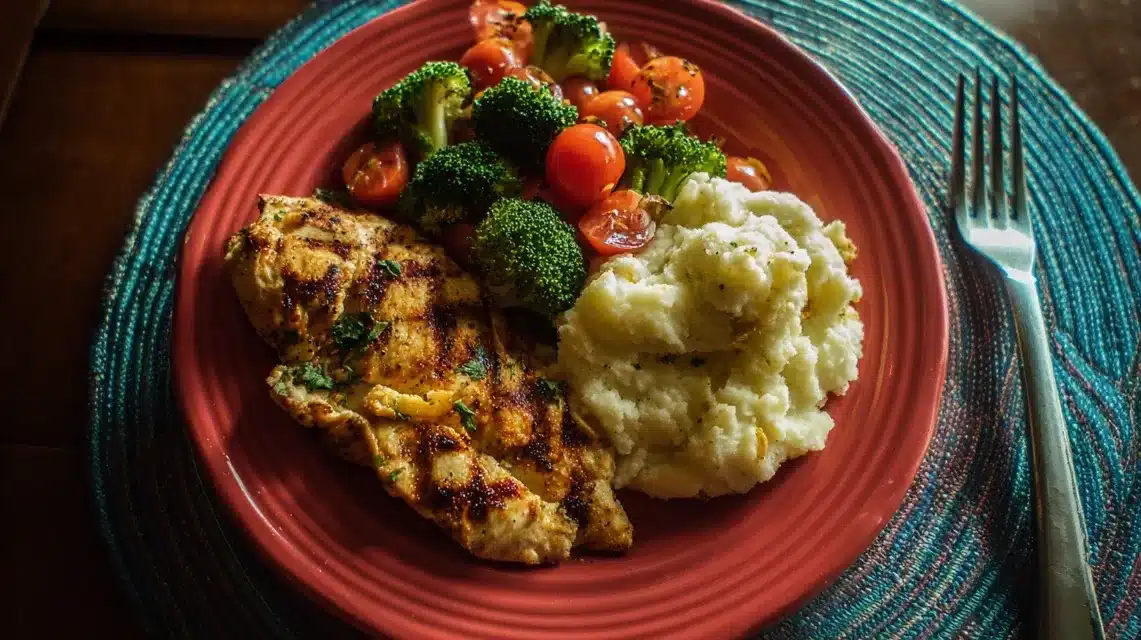 Grilled chicken Margherita with low-carb vegetable sides