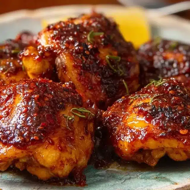 Harissa Honey Chicken glazed and served on rustic plate