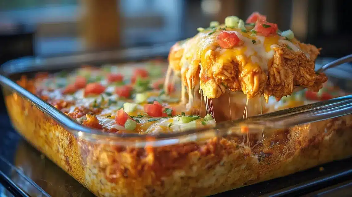 Layering chicken taco casserole in a dish