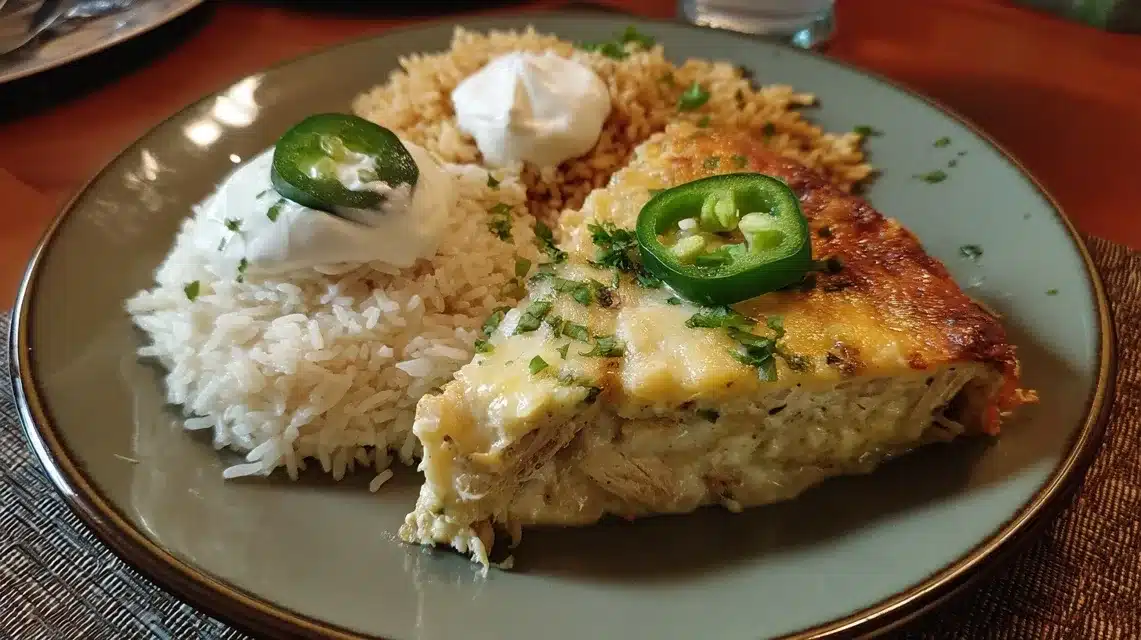 Served green chili enchilada casserole with toppings
