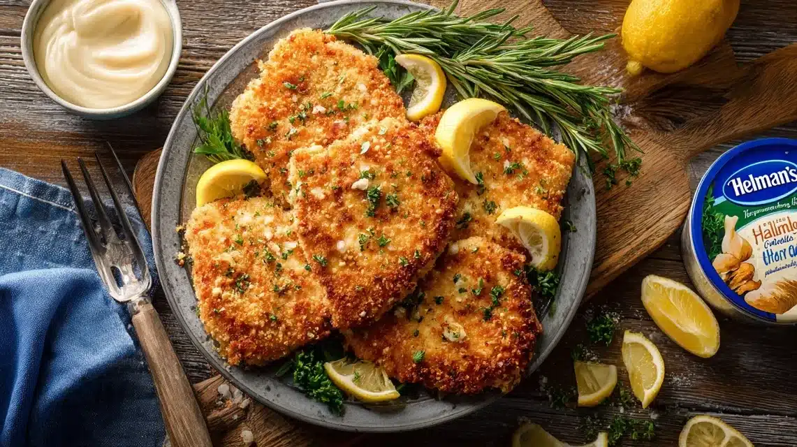 Hellmann’s parmesan crusted chicken served on a rustic plate with sides