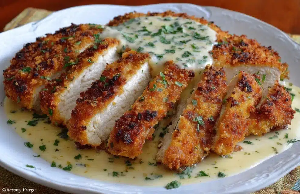 Golden parmesan crusted chicken with creamy garlic sauce on a rustic plate, garnished with parsley