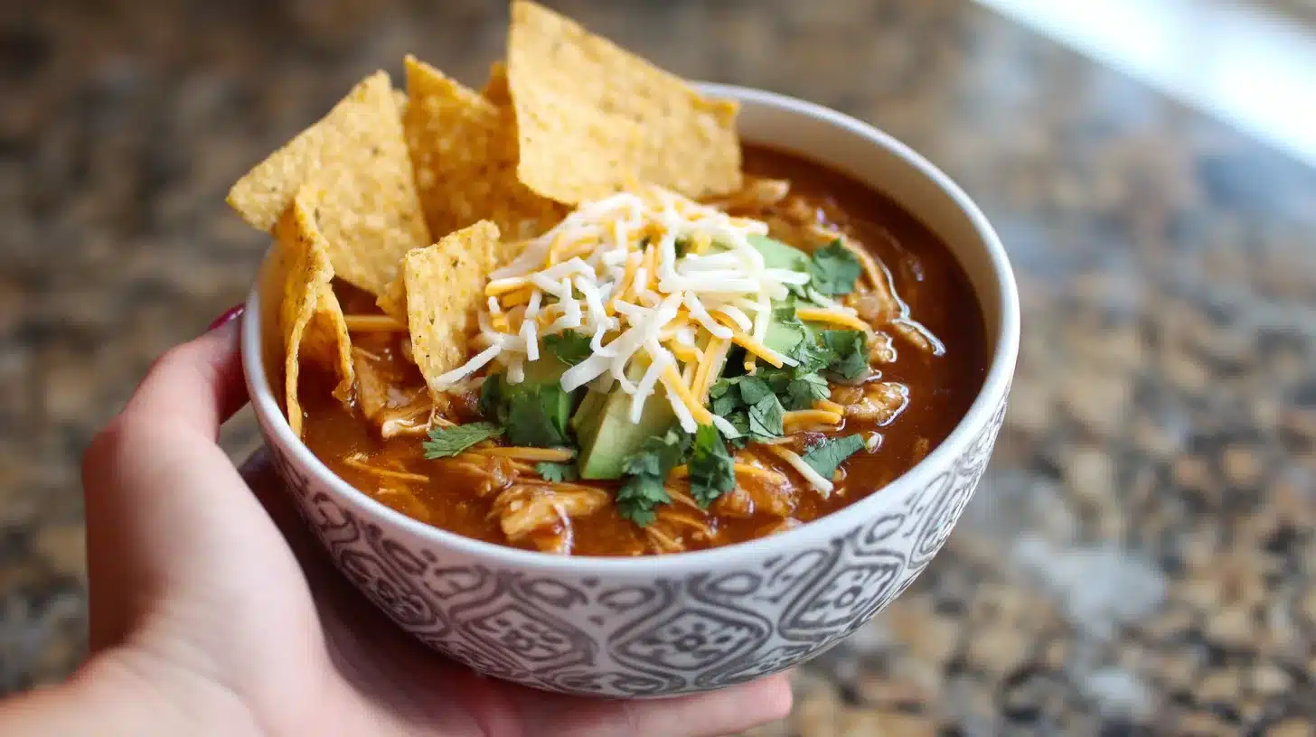 Chicken white bean chili Instant Pot topped with cheese and chips