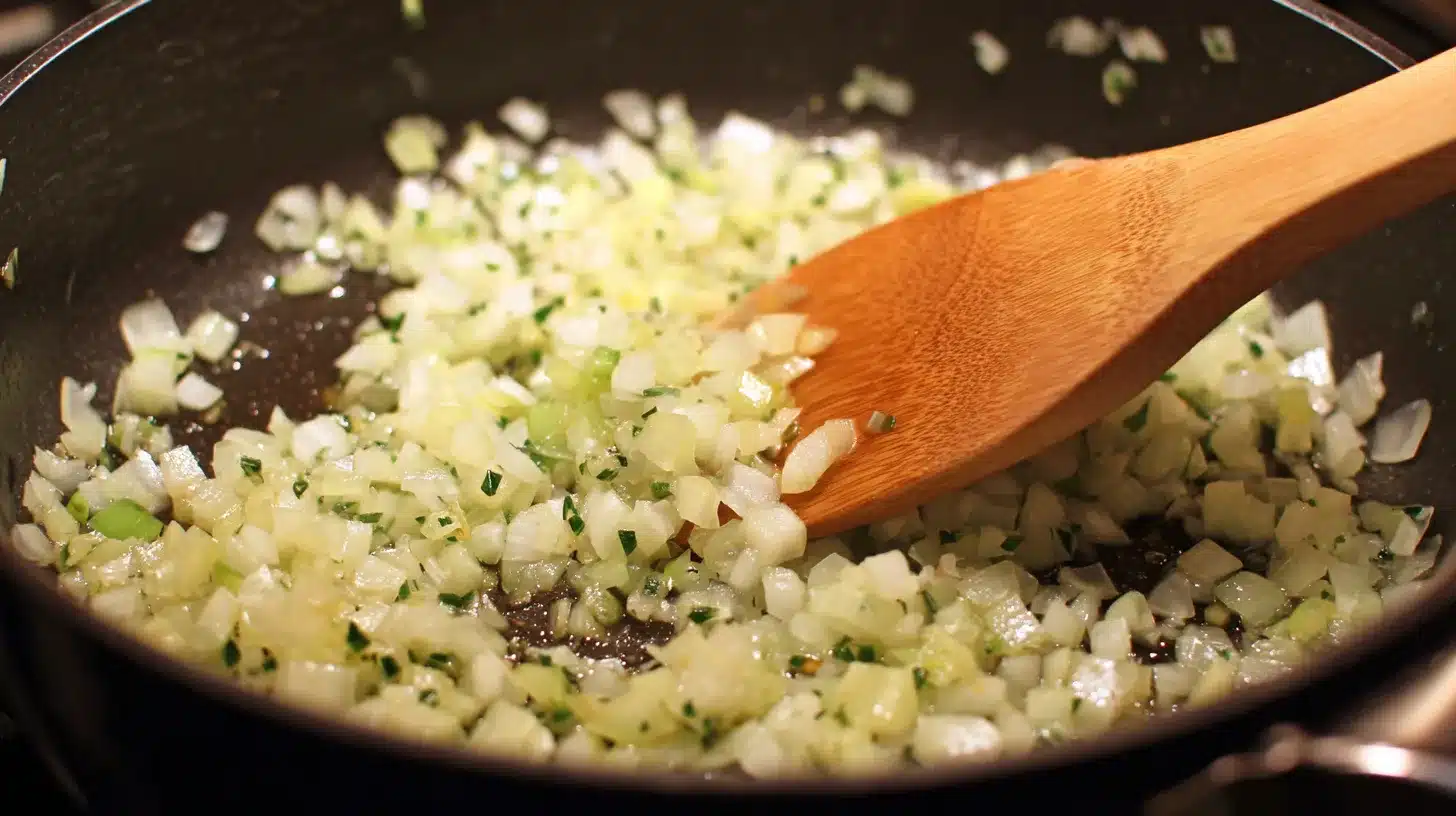  Sautéing onions for Peruvian chicken stew