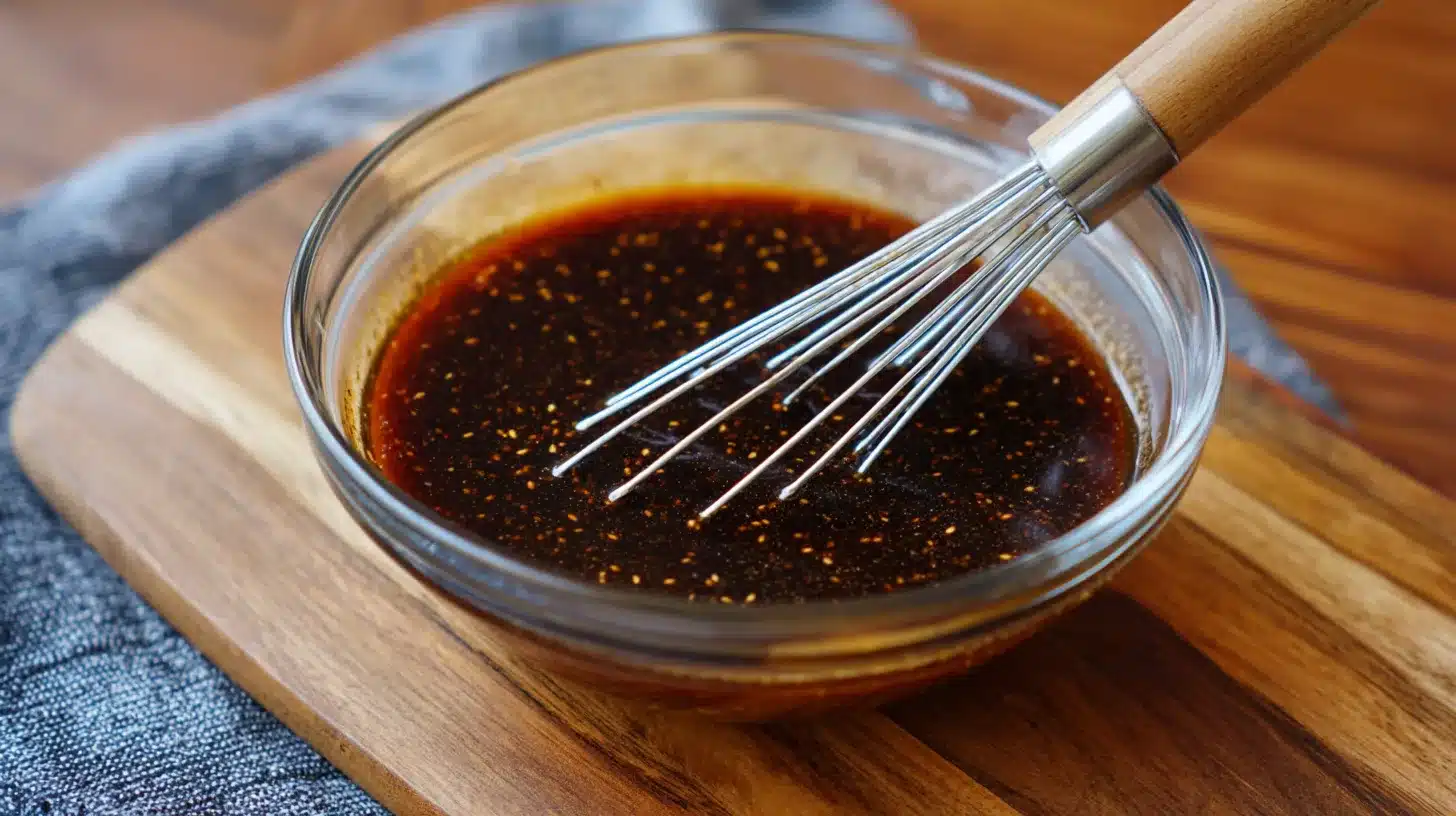 Whisking teriyaki marinade for grilled chicken in glass bowl