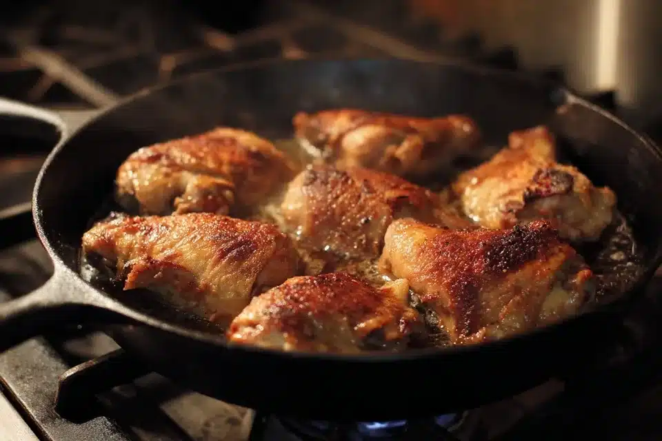 Cajun Chicken and Rice begins by browning seasoned chicken