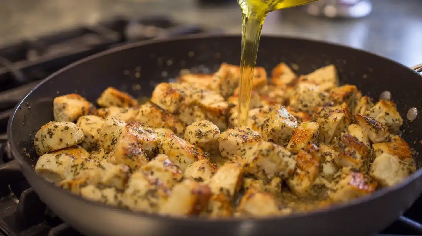 Diced chicken cooking for chicken alfredo orzo