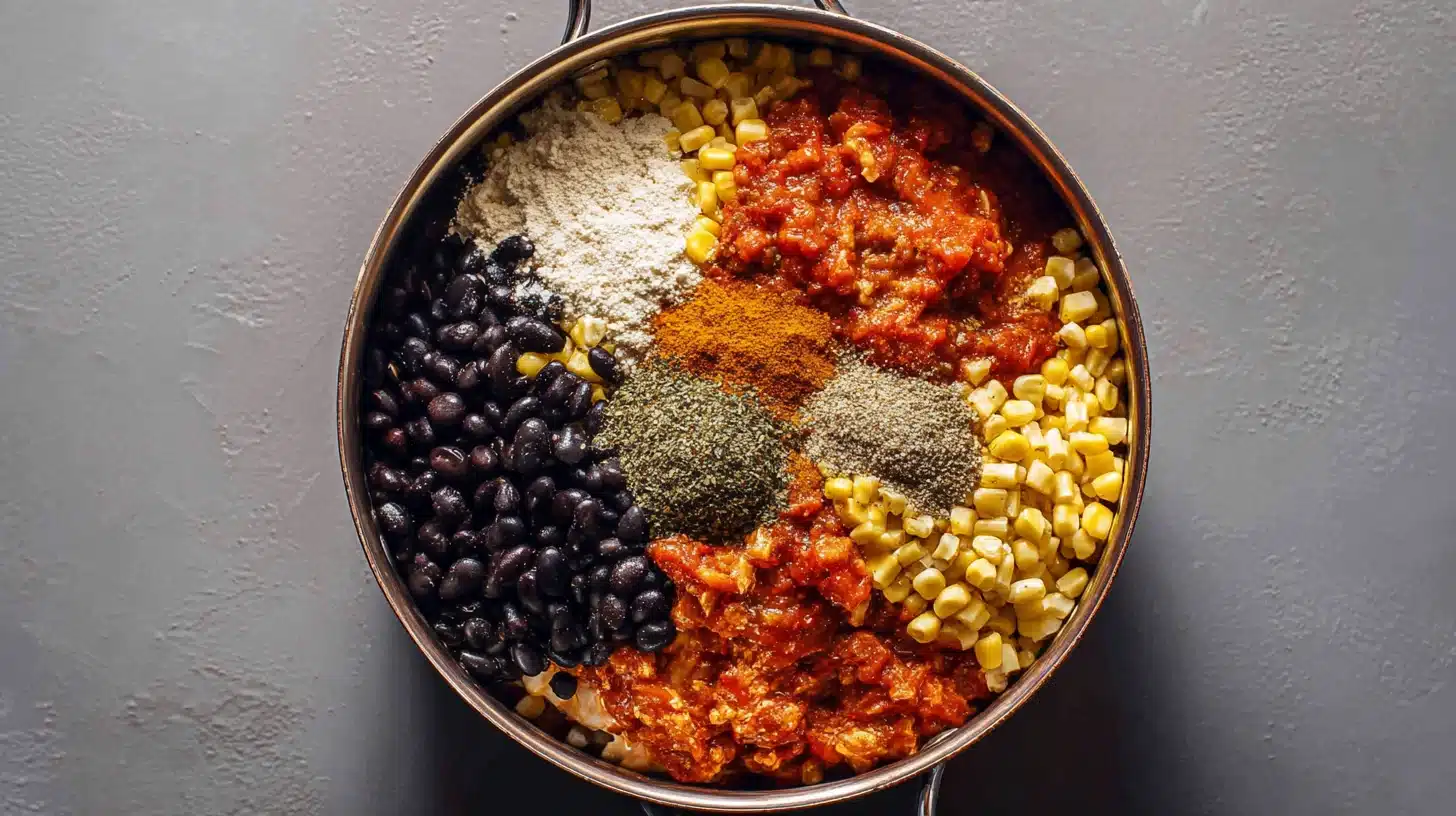 Southwest ingredients added to crockpot southwest chicken