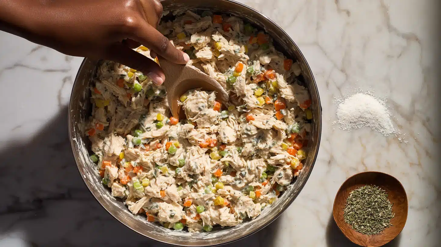 Stirring filling for chicken pot pie with cream of chicken soup
