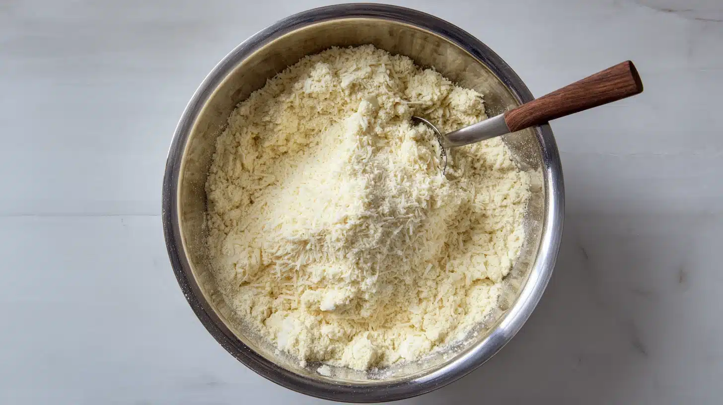 Hellmann's mayonnaise and Parmesan being mixed for coating