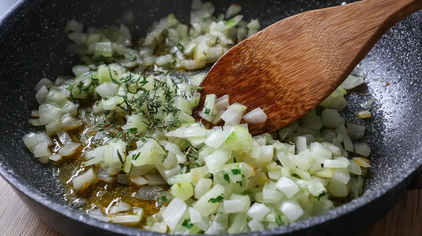 Sautéing onions for chicken sausage pasta base