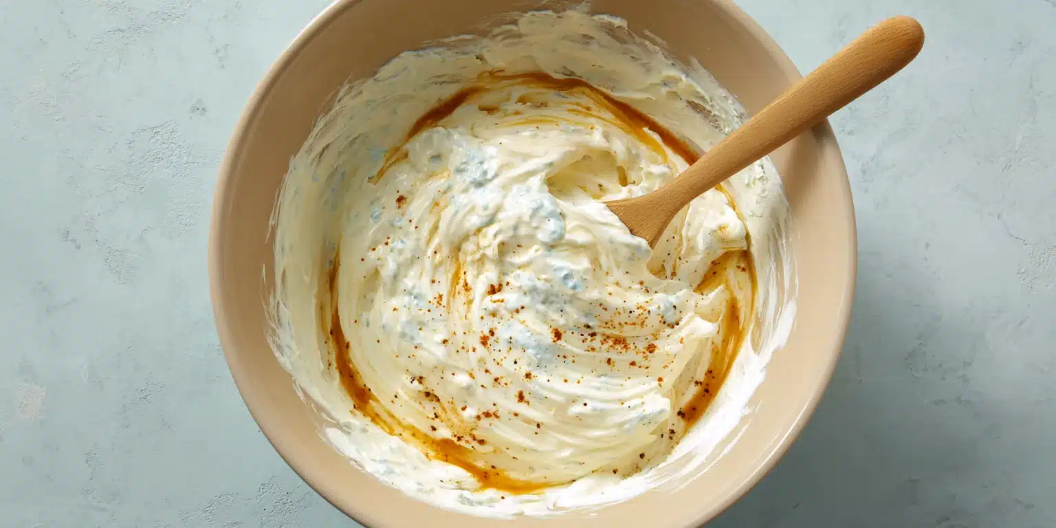 Healthy chicken wing dip recipe base ingredients blended in bowl
