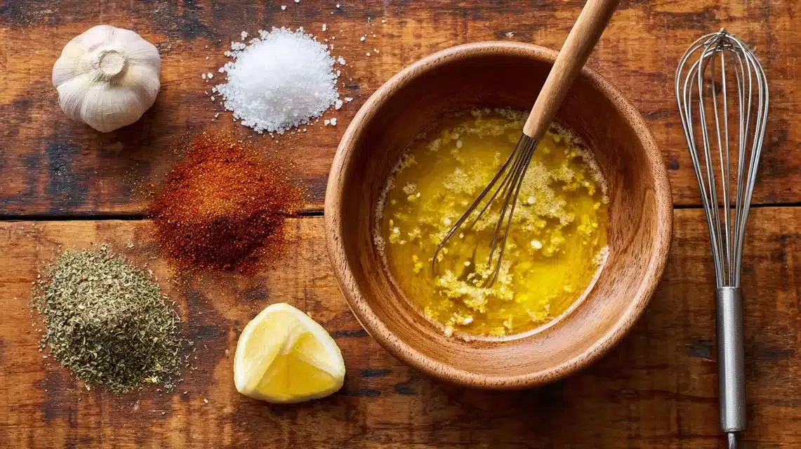 Olive oil, garlic, and lemon marinade for grilled boneless chicken thighs