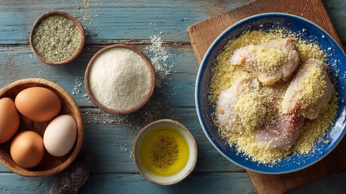 Seasoned chicken prepped for parmesan crusted chicken with creamy garlic sauce