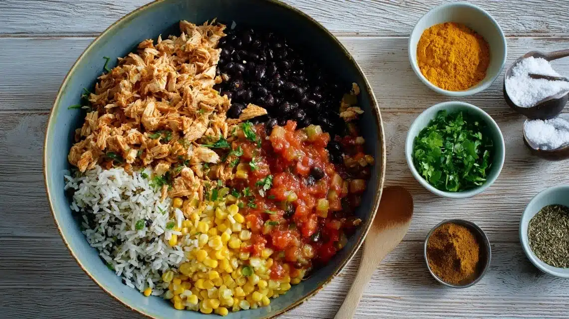 Mixing ingredients for Mexican chicken and rice bake