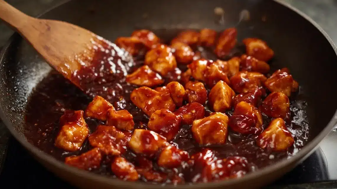 Chicken coated in honey BBQ sauce