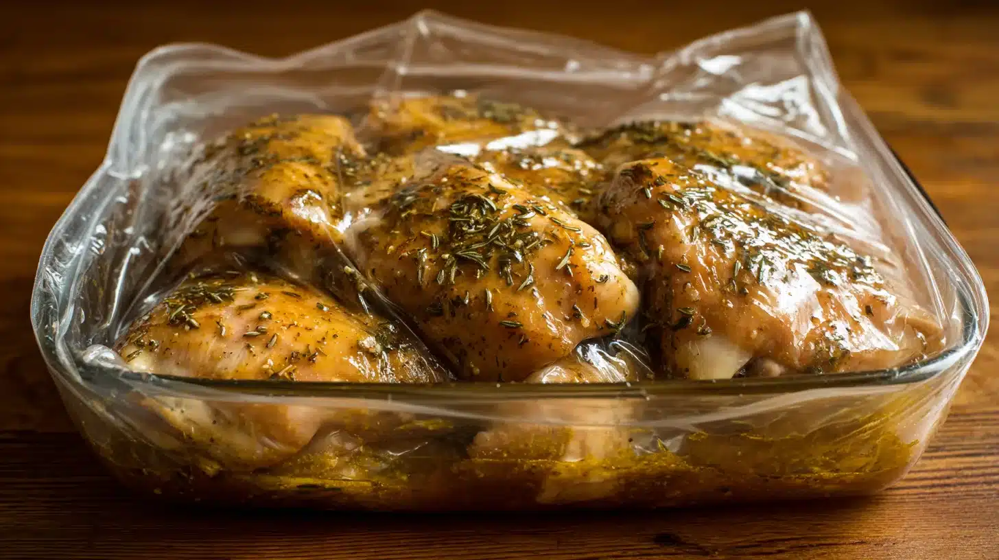 Chicken thighs marinating for Panda Express Grilled Teriyaki Chicken