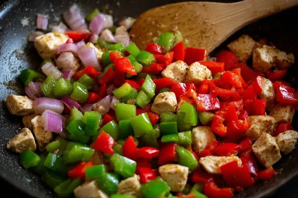 Onions and peppers soften for Cajun Chicken and Rice base