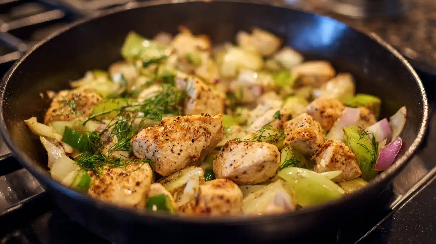 Garlic added to chicken for chicken alfredo orzo