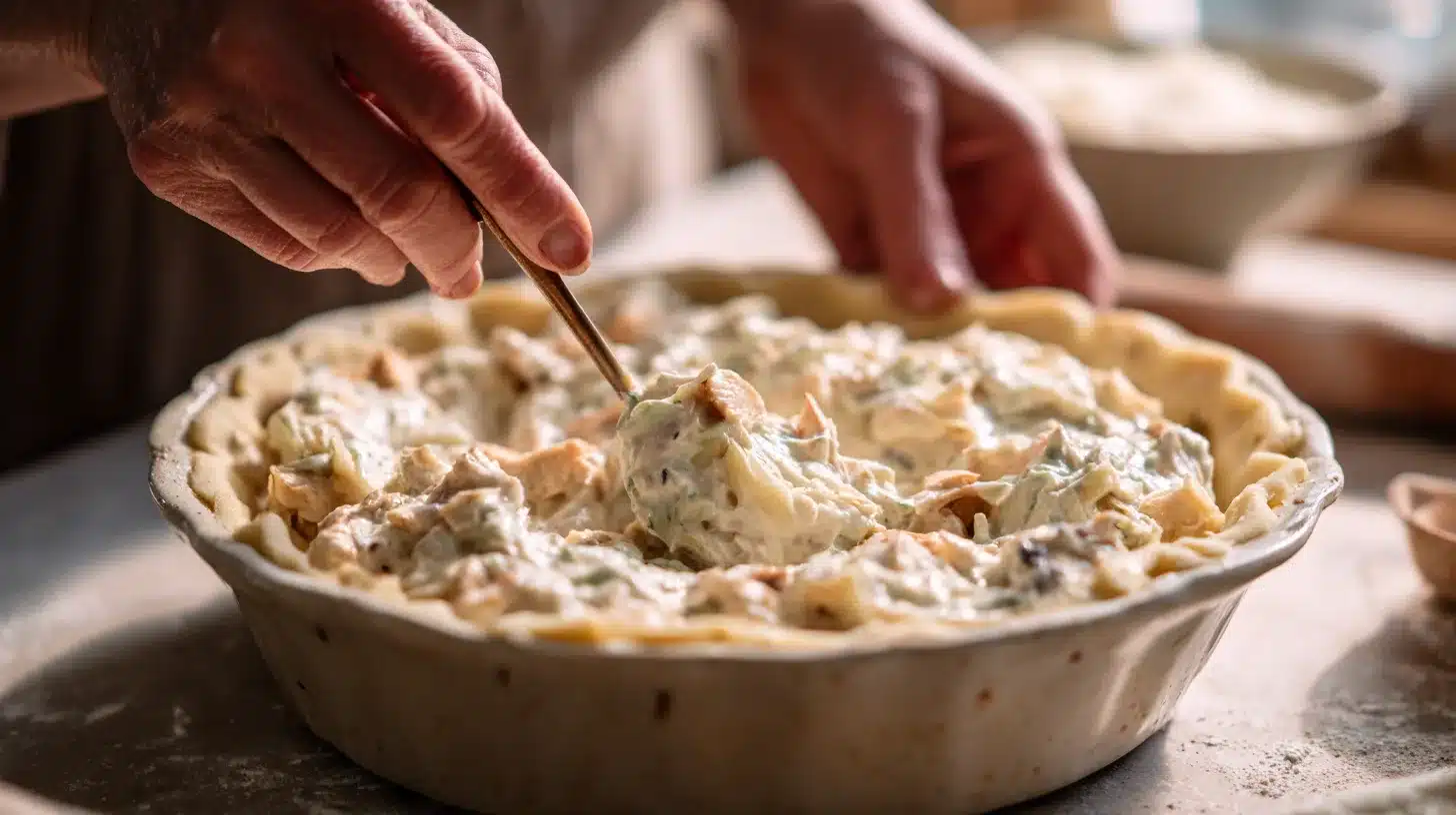 Chicken pot pie with cream of chicken soup filling being spooned into pie plate