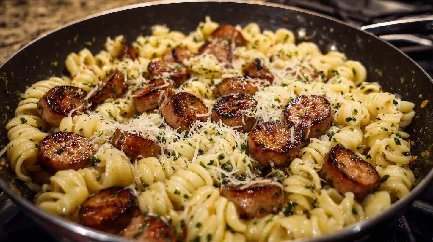 Chicken sausage pasta sizzling in pan with garlic