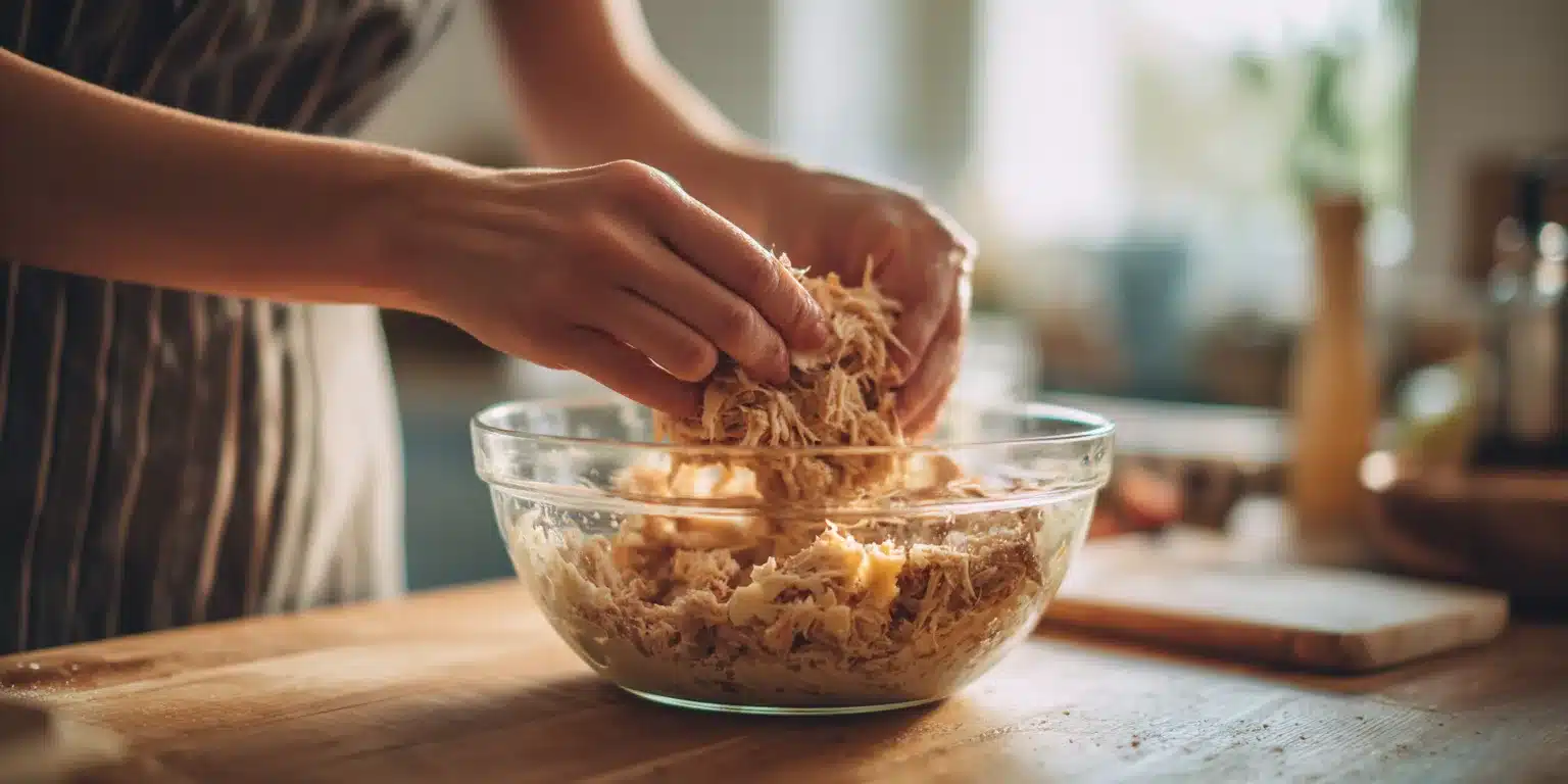Mixing chicken into healthy chicken wing dip recipe