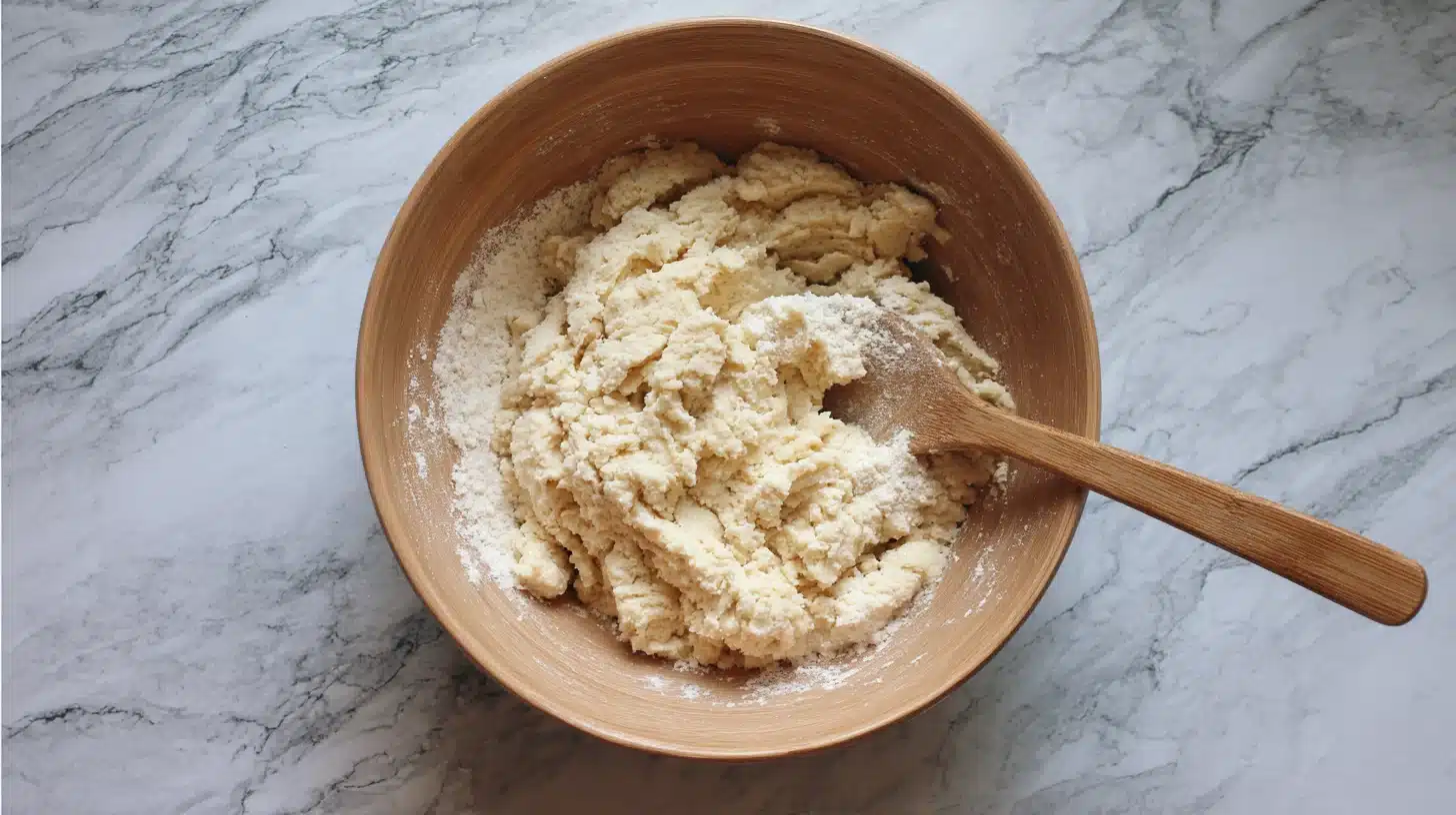 Mixing canned chicken pizza crust dough