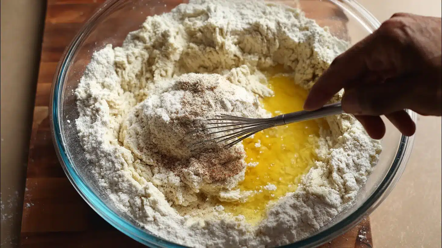 Stirring ingredients for pizza crust made with canned chicken